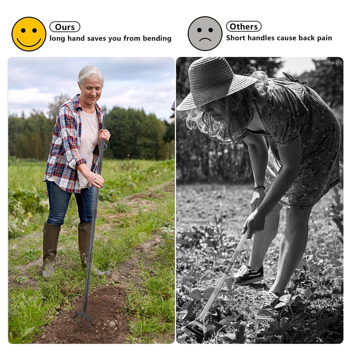 No more need to squat for a long time or bend over excessively!iToolMax 2-In-1 Garden Hoe combines a the functions of Stirrup Hoe and 4-Tooth Rake, with a Long Adjustable Handle, making standing weeding and cultivating more comfortable and efficient!
