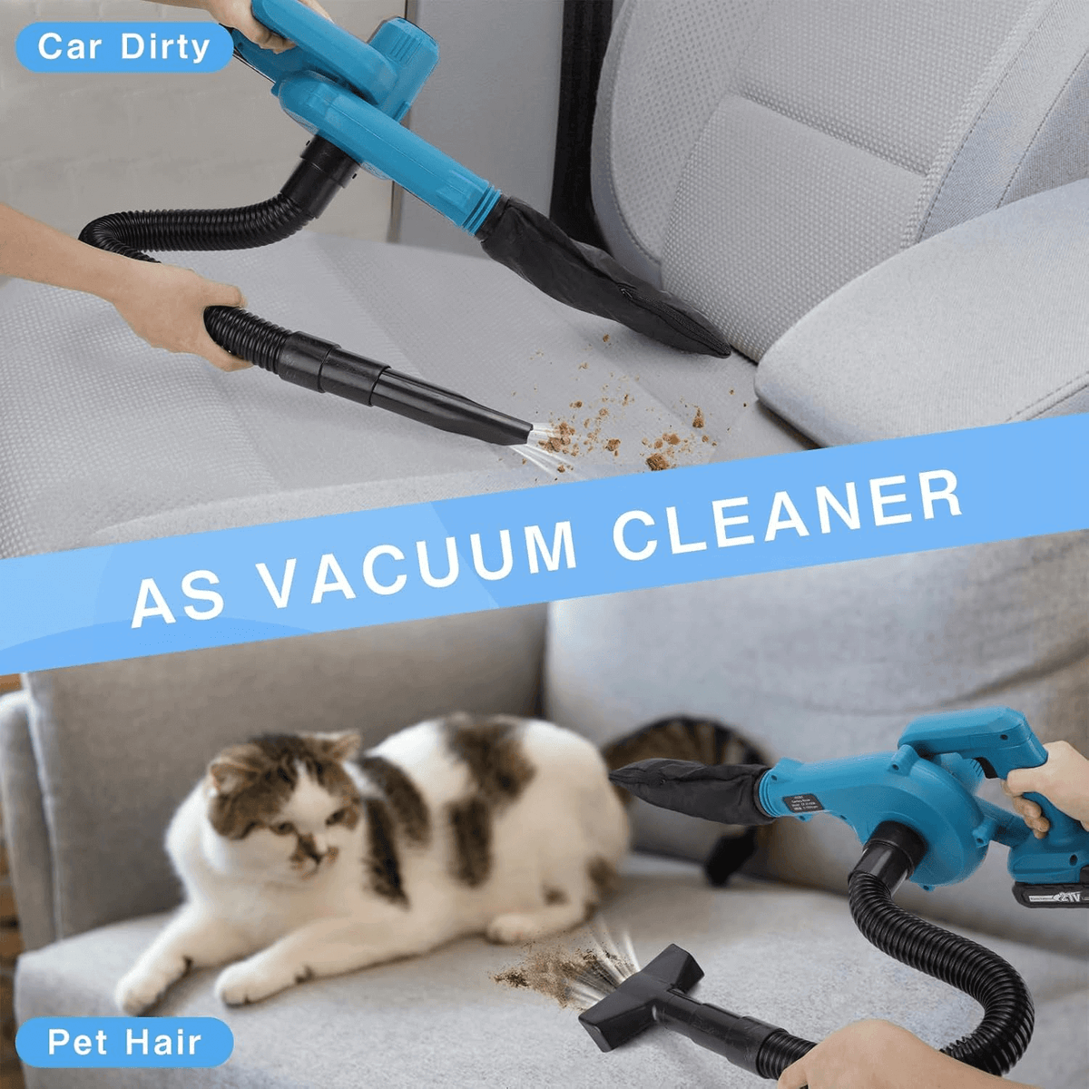 When you install the blow tube in the air inlet, put the reusable collection bag at the air outlet, the blower will become a vacuum cleaner immediately. Super strong suction allows you to absorb computer dust, pet hair, crumbled cookies, hard to clean corner and so on.