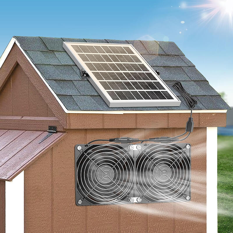 Say goodbye to the heat and cool down your outdoor environment! 0 electric bills with iToolMax Solar-Powered Exhaust fans, airflow 350CFM max., cools your space naturally and reduce moisture and mold, an eco-friendly way to ventilate your attic, shed, greenhouse, or RV.