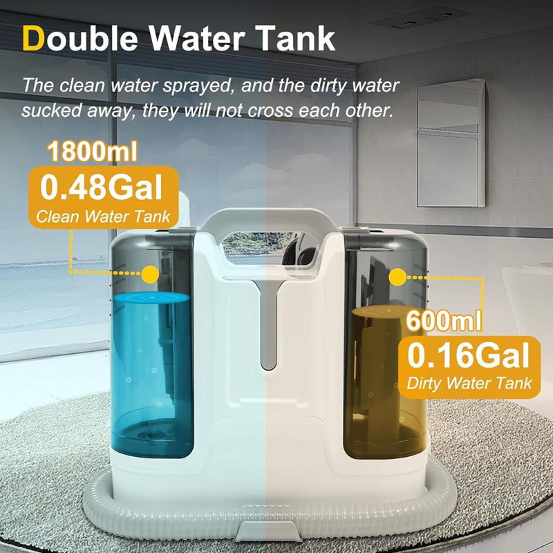 1800ml clean water tank and 600ml waste water, separation of clean water and dirty water, for deeper and more thorough cleaning.