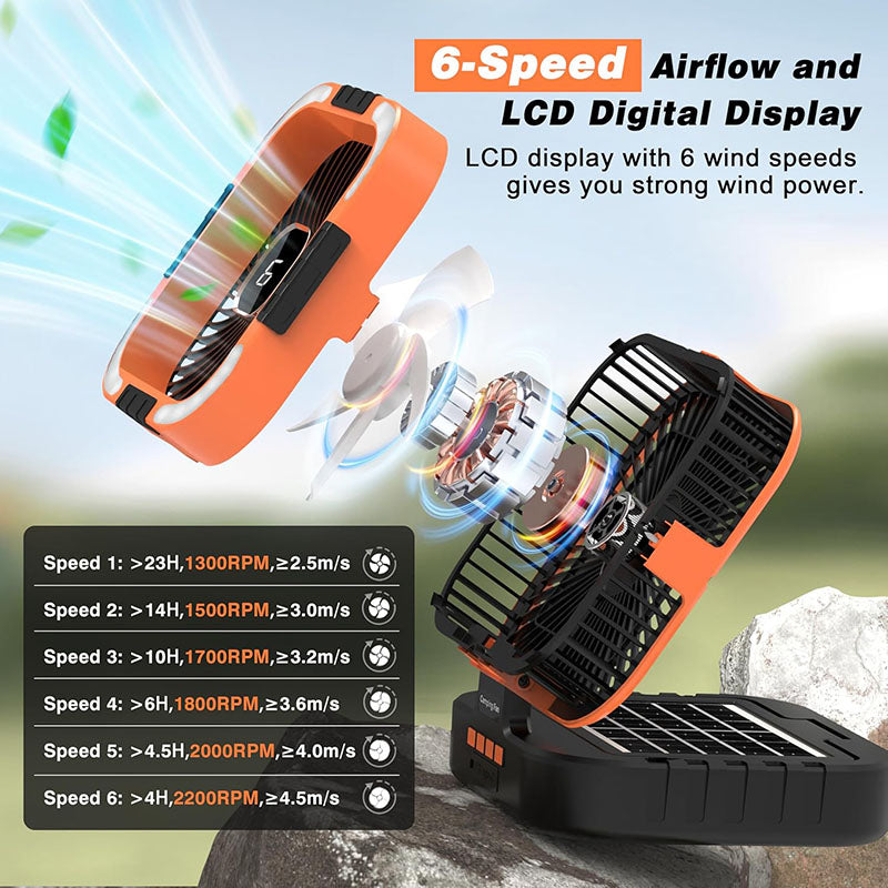 It provides 6 wind speed options, from breeze to strong circulating wind, 1300-2300 RPM, the max wind speed of the fan can reach 5m/s meet your different needs. Continuously for 50 hours at low wind speed and 10 hours at high wind speed under full charged.