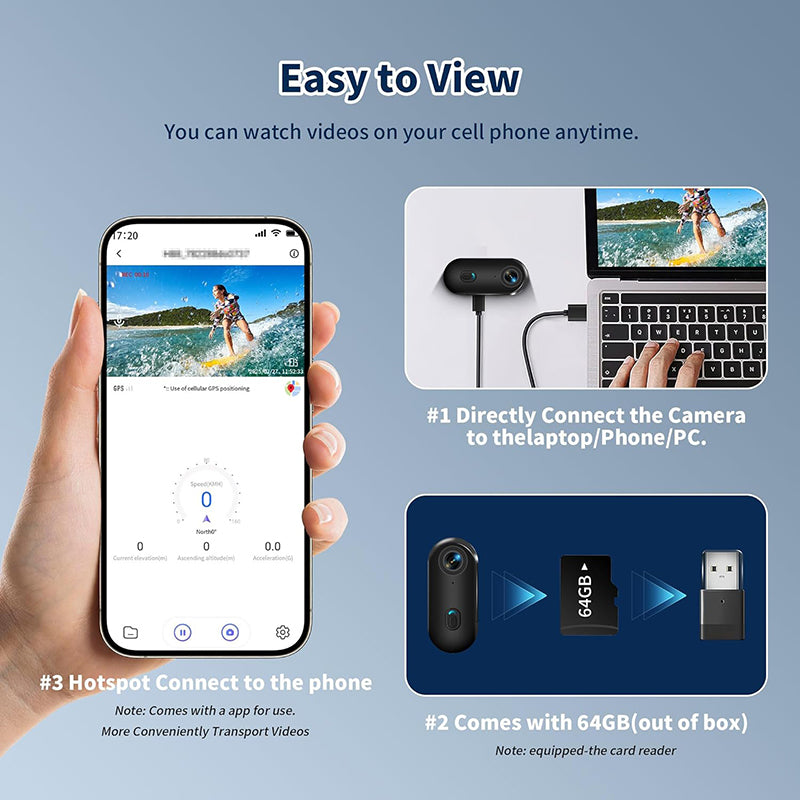 ① Equipped with Wi-Fi, connect Wi-Fi via App on Phone to transfer Vedio. ② Connect cable with phone via cable. ③ Use TF 64g card.