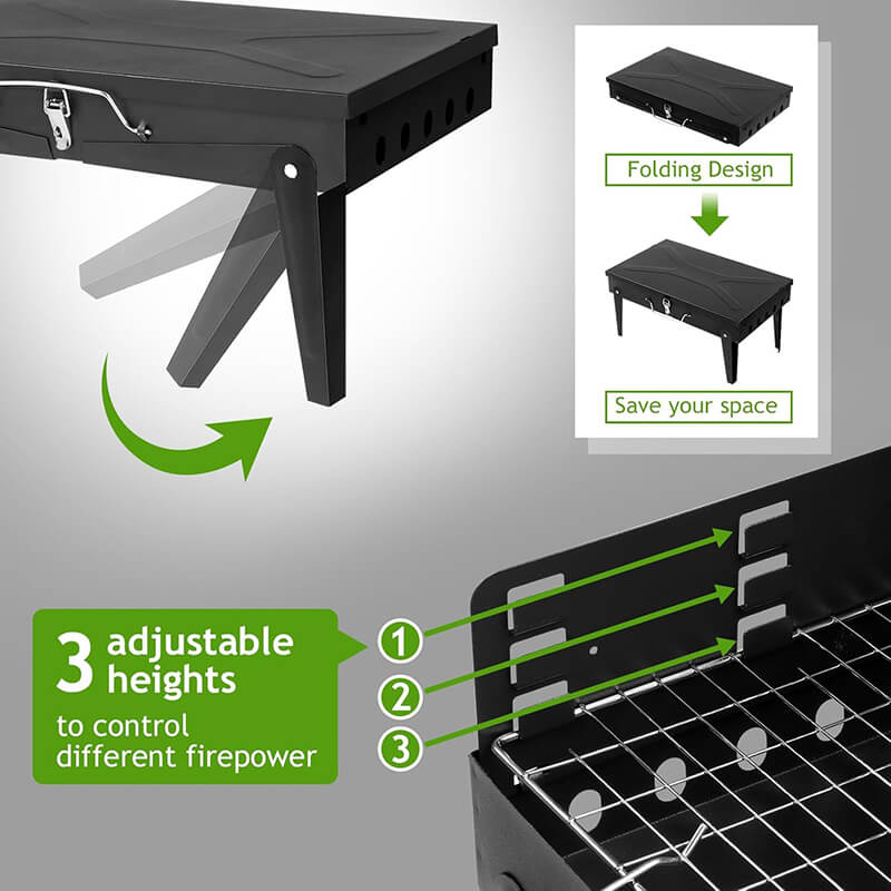 Our small charcoal grill can adjust the grilling net through three heights (high, medium, and low) to control different firepower, easier to cook more delicious and tasty food.