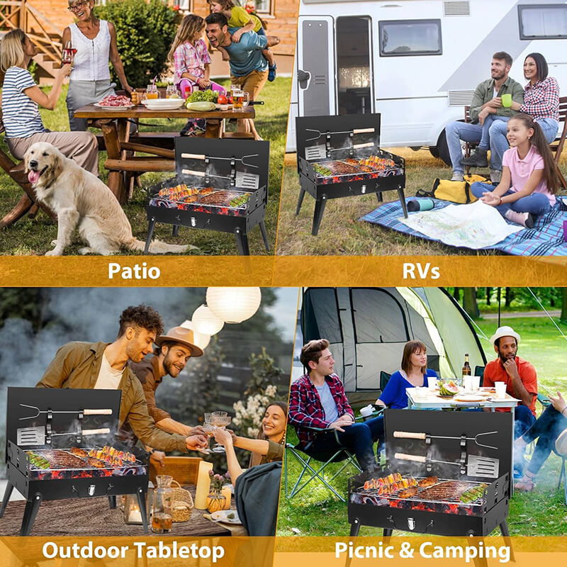 Great tool for outdoor camping, backpacking, picnics, tailgate parties, camping and grilling in small spaces. It's perfect to cook any delicious food on our portable BBQ grill like pork, burgers, fish, vegetables, steak, hot dogs, corn and more.