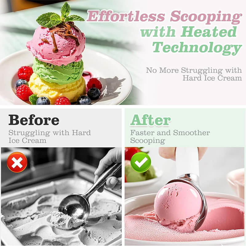 Say goodbye to bent spoons and endless digging, no more waiting melt. Our Heated Ice Cream Scoop warms up in seconds to glide through rock-hard ice cream like butter, just smooth, effortless scoops every time. A must-have for ice cream lovers! Suitable for scooping various frozen desserts like ice cream, sorbet, and gelato.