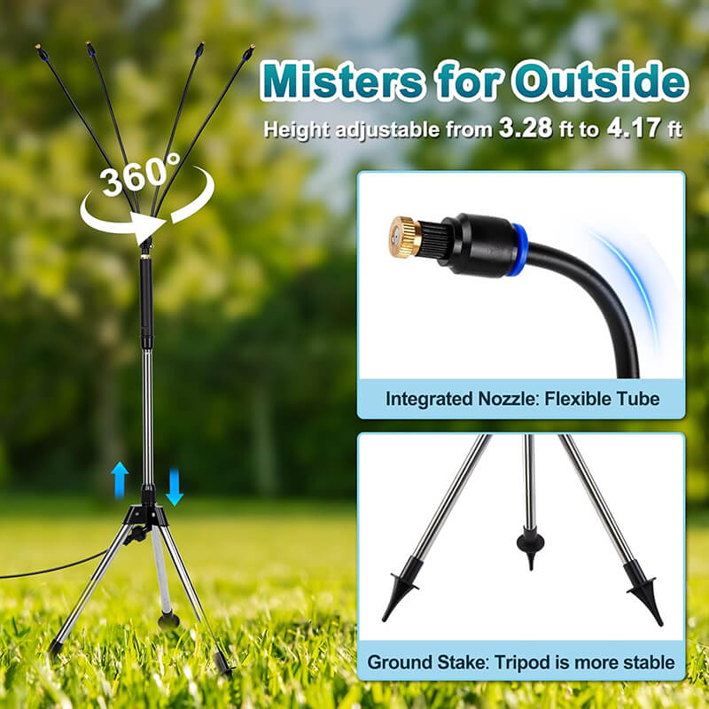 360° Mist tube allows you to freely adjust the mist angle flexibly. Feature a stable tripod base that ensures firm, wobble-free placement on any surface—perfect for grass, patios, or poolside. Enjoy reliable, hands-free cooling without tipping or shifting.