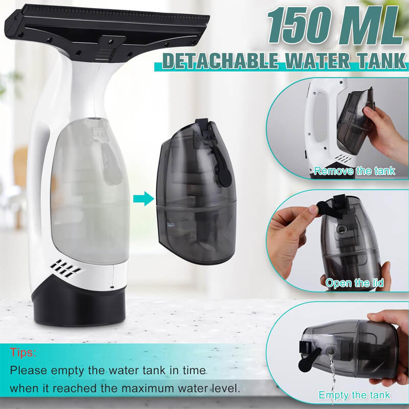 With 150ml large capacity detachable water tank is easy to lean and clean, allows you to focus on cleaning, enough to meet the daily cleaning need.no need of frequent pouring empty. Comes with 2 removable microfiber cloth and an 11" (280mm) soft silicone squeegee blade, washable and reusable.