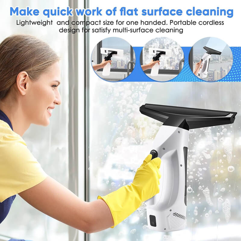 Only 3 steps to finish clean, spray+wipe+scratch & vacuum. 1. Use the included spray pot to mist the surface with water or cleaners.2. Wipe away dirt and stains with the attached microfiber pad attached.3. Finally, finish by scrape and vacuuming up efficiently with one-button switch without any water drops or stains.
