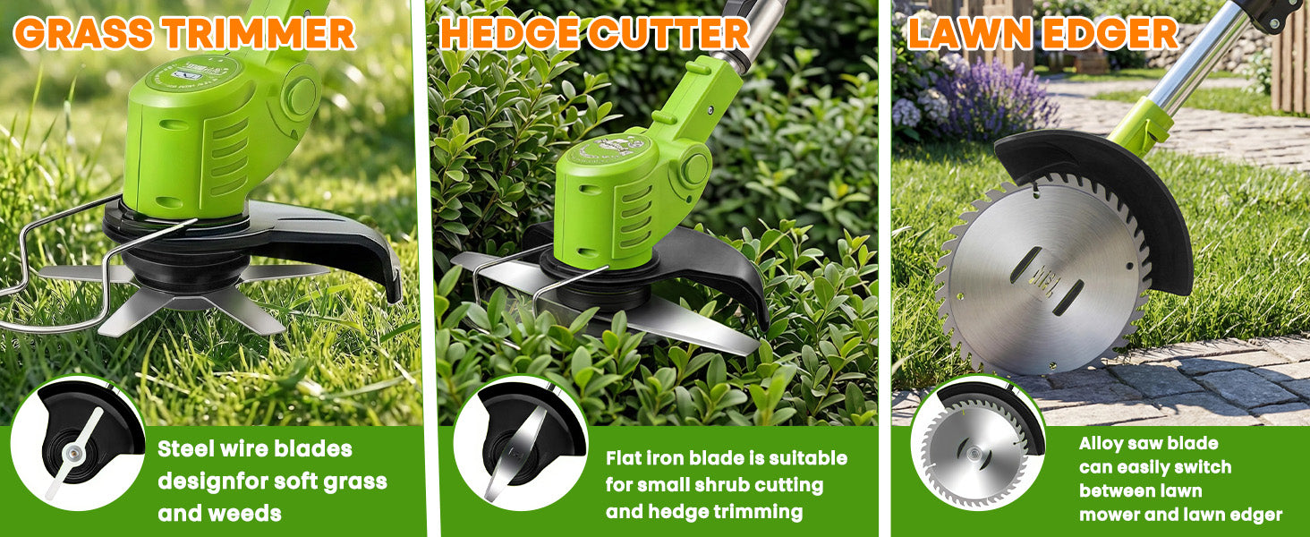 itoolmax 3 in 1 cordless grass trimmer with three balde