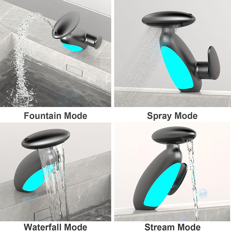 With LED light features four spray modes by rotating 360° swivel nozzle: Rain dance sprinkling/column shower water/bionic waterfall water/upwelling water column, perfect for everything from gentle handwashing to powerful rinsing. Easily switch modes to suit your spray needs, whether you're cleaning the sink or washing your face.