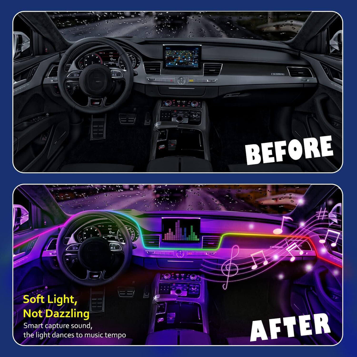 Built-in sound sensitive function, the car atmosphere light can sync any sound captured from microphone, then change colors following the music rhythm as well as your voice.