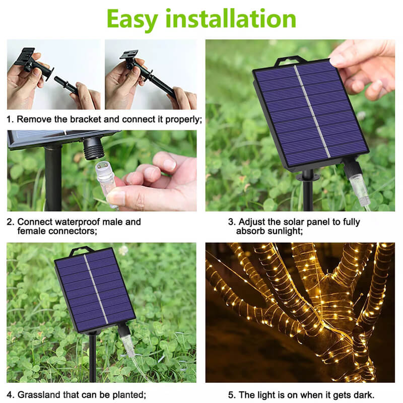 2 control method: the mode button of the solar panel and the remote control. The solar panel is easy to install, no need for outlets or complicated wiring, just simply install on the wall or insert on the lawn to place the solar panel. With a plastic rope reel, the light string is not easy to get tangled.