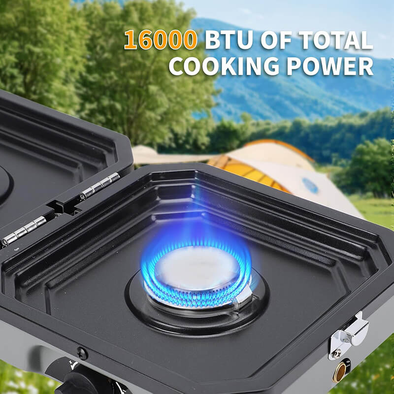 With a total power of 16,000 BTU/hr, each burner outputs 8,000 BTU of power, can boil 1L/33.8fl. oz of water in 5 minutes. Heat and cook efficiently everything from boiling water to frying steaks quickly and evenly.