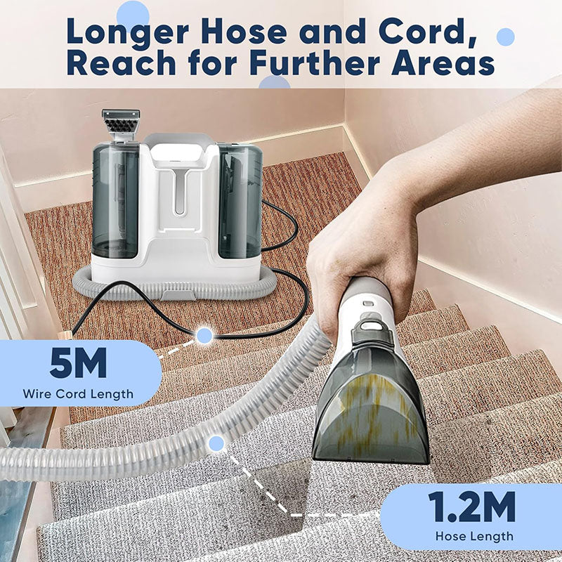 The extended 1.2m (3.94ft) hose allows you to flexibly clean hard-to-reach areas in your home. The 5m (16.4ft) power cord allows you to easily bring it to the living room, bedroom, stairs, car, etc.
