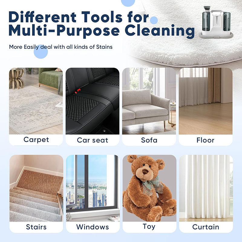 Comes with 6 brush heads. One of them is a silicone brush head, can used for cleaning large pets. The glass brush is great for cleaning windows. You can remove all stains at home with just one cleaner machine, perfect for sofas, car seats, carpets, mattresses, curtains, plush toys and even pets.