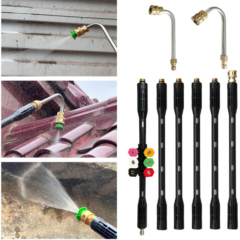 Comes with a 30° U-shaped attachment rod, a 90° curved attachment rod and,  suitable for all pressure washers with 1/4" quick connector, or the nozzle tip can be connected directly to the pressure washer gun.