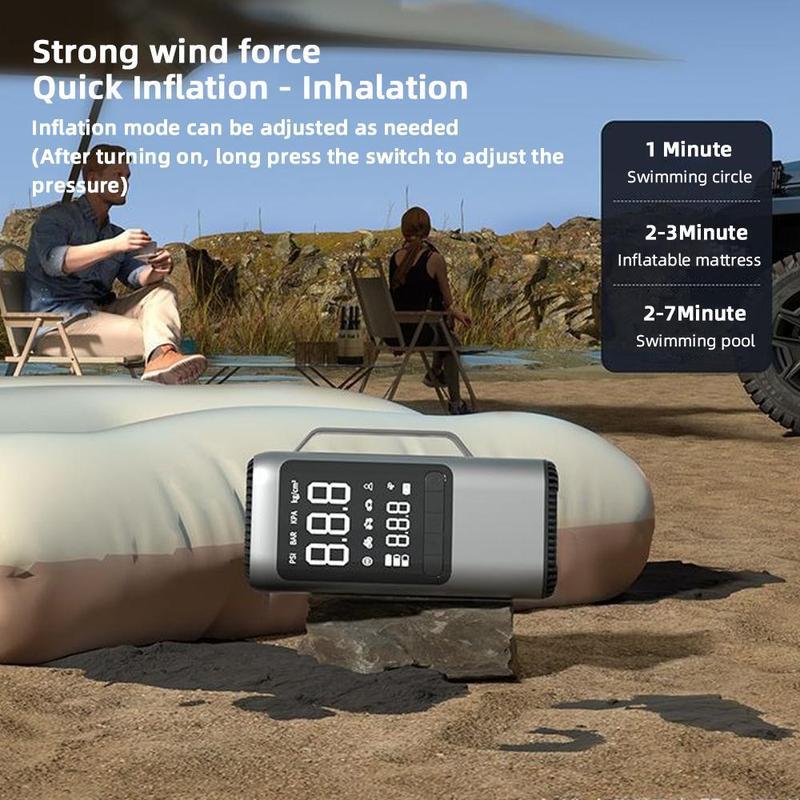 This jump starter with air compressor can inflate various items, including balloons, swim rings, air mattresses, and even serve as a dust blower, flow rate up to 350L/minute. When used for deflation, it can compress vacuum storage bags or deflate items like air mattresses and kayaks.  Inflate and deflate more quickly and save triple space.
