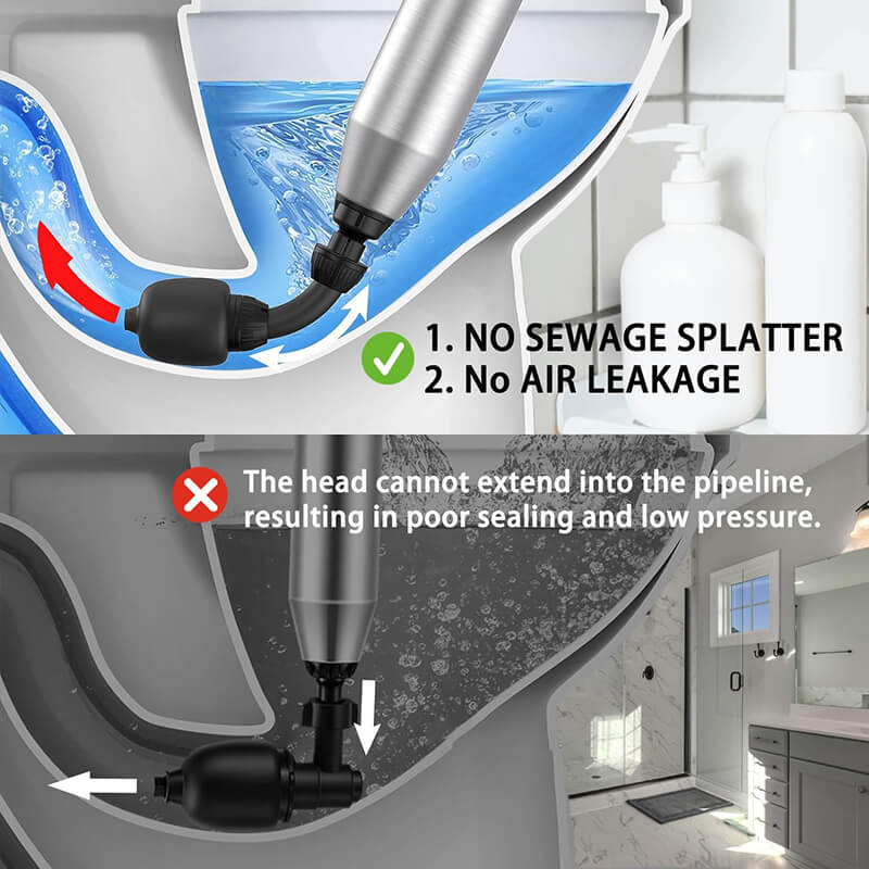 We changed from manual to electric boost, much more effortless to operate. And the previous 90° toilet head connection was changed to a hose, can bend for more flexible to use, and can get into narrow bends that are difficult to reach, while also solving the sewage splashing. More effective and faster than traditional plungers, sink snakes and toilet augers!