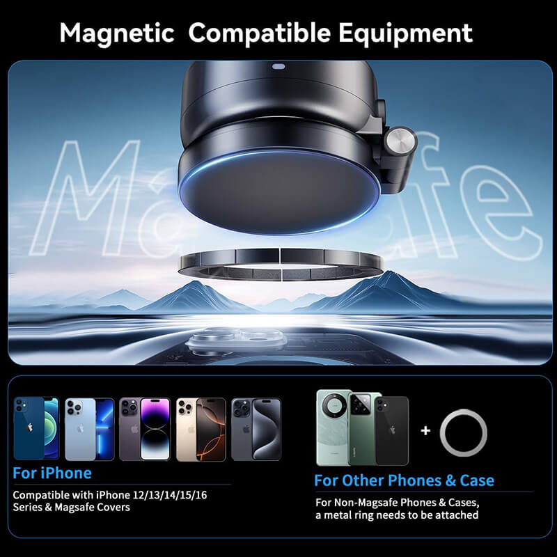 Fits all magnetic phones (iPhone 12-16, Samsung Galaxy, Pixel) with/no cases and laptop and more. Comes with magnetic metal ring for non-magnetic phone.
