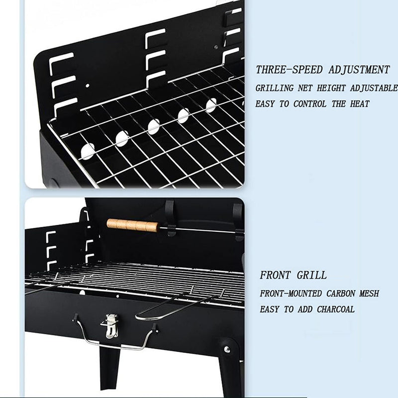 Made of high-quality iron, the surface is chrome-plated and electrophoresed, which will not produce toxic substances, not easy to rust, safe and stable, not easy to deform. The lid is dust-proof and windproof when opened for use, and the buckle design can fix the barbecue tools. The rack has holes on both sides for ventilation.