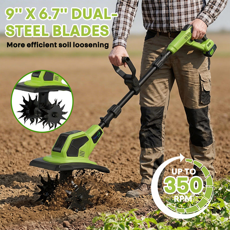 itoolmax 350rpm cordless tiller with dual steel blades
