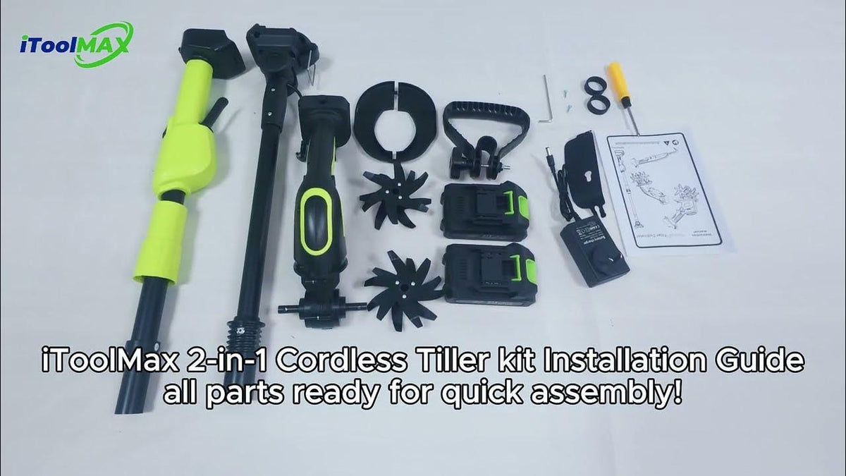 Load video: iToolMax 2-IN-1 Cordless Tiller Installation Guide