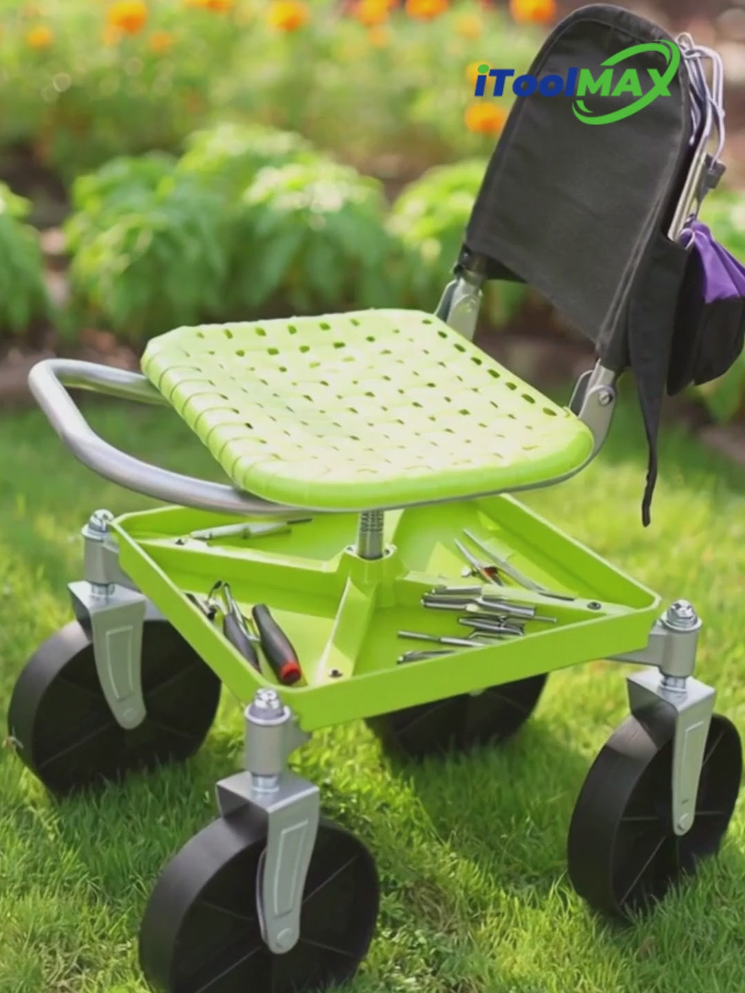 Load video: itoolmax 360° universal wheels garden seat